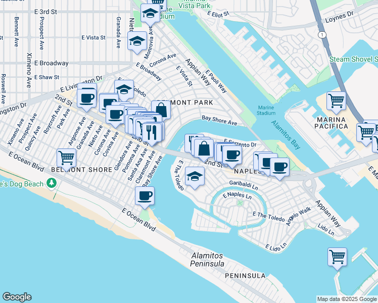 map of restaurants, bars, coffee shops, grocery stores, and more near 5441 East 2nd Street in Long Beach