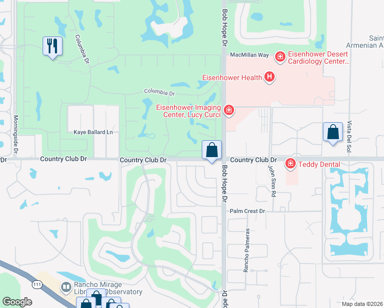 map of restaurants, bars, coffee shops, grocery stores, and more near 19 Estrella Street in Rancho Mirage