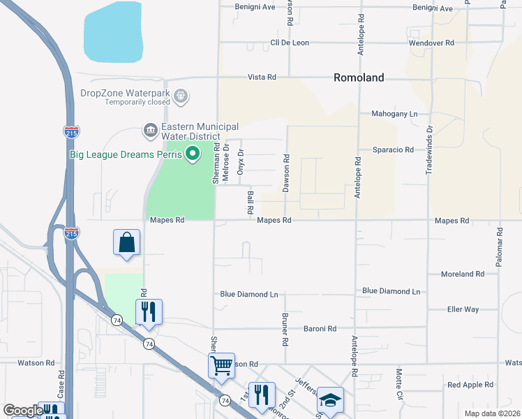 map of restaurants, bars, coffee shops, grocery stores, and more near 27650 Mapes Road in Riverside County