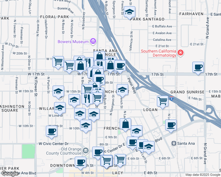map of restaurants, bars, coffee shops, grocery stores, and more near 1424 North Spurgeon Street in Santa Ana