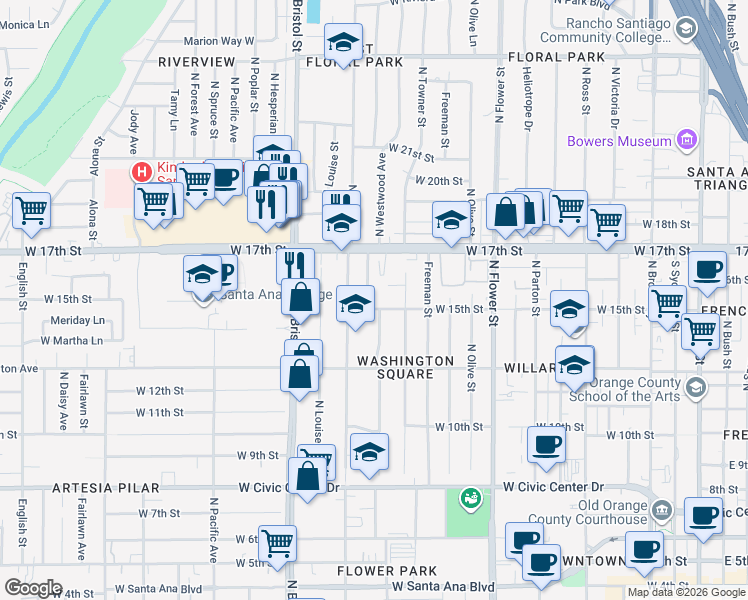 map of restaurants, bars, coffee shops, grocery stores, and more near 1317 North Baker Street in Santa Ana