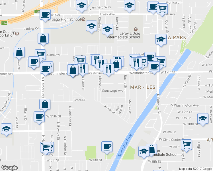 map of restaurants, bars, coffee shops, grocery stores, and more near 12562 Sunswept Avenue in Garden Grove