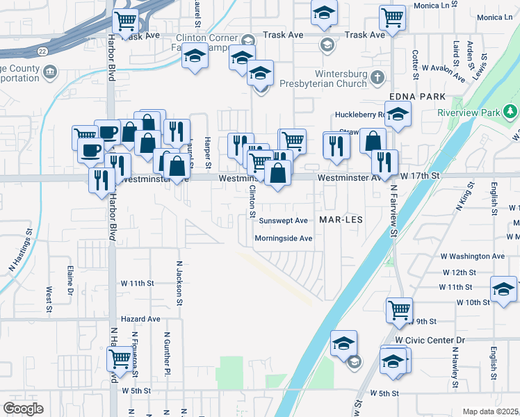 map of restaurants, bars, coffee shops, grocery stores, and more near 12562 Sunswept Avenue in Garden Grove