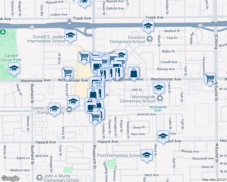 map of restaurants, bars, coffee shops, grocery stores, and more near 14151 Flower Street in Garden Grove