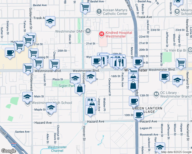 map of restaurants, bars, coffee shops, grocery stores, and more near 14102 Hoover Street in Westminster