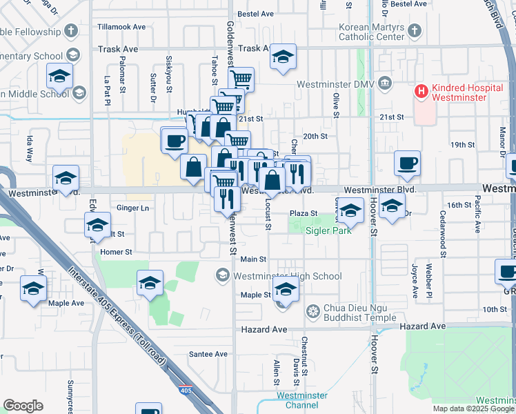 map of restaurants, bars, coffee shops, grocery stores, and more near 7116 Brentwood Lane in Westminster