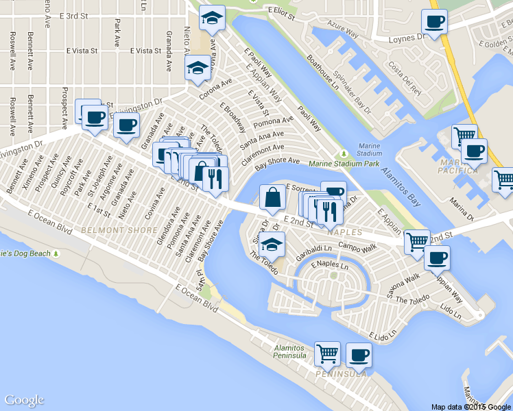 map of restaurants, bars, coffee shops, grocery stores, and more near 5430 2nd Street in Long Beach