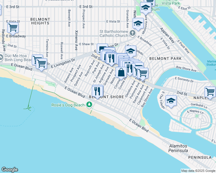 map of restaurants, bars, coffee shops, grocery stores, and more near in Long Beach
