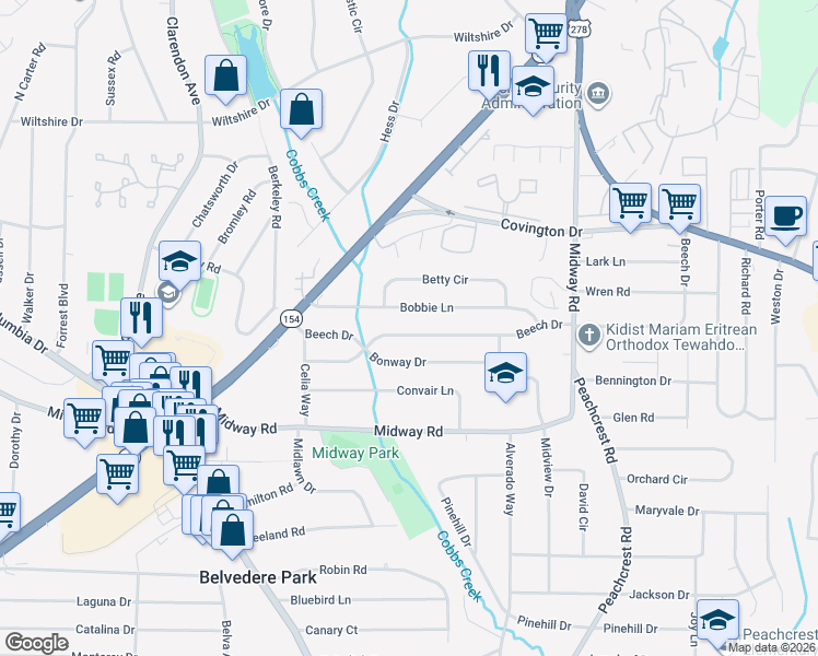 map of restaurants, bars, coffee shops, grocery stores, and more near 3218 Bonway Drive in Decatur