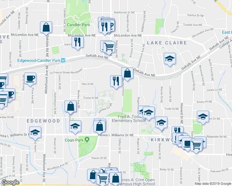 map of restaurants, bars, coffee shops, grocery stores, and more near 130 Arizona Avenue Northeast in Atlanta
