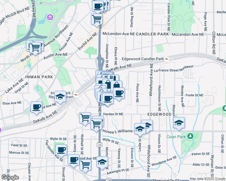 map of restaurants, bars, coffee shops, grocery stores, and more near 1253 Caroline Street Northeast in Atlanta