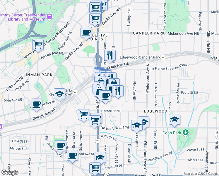 map of restaurants, bars, coffee shops, grocery stores, and more near 1235 Caroline Street Northeast in Atlanta