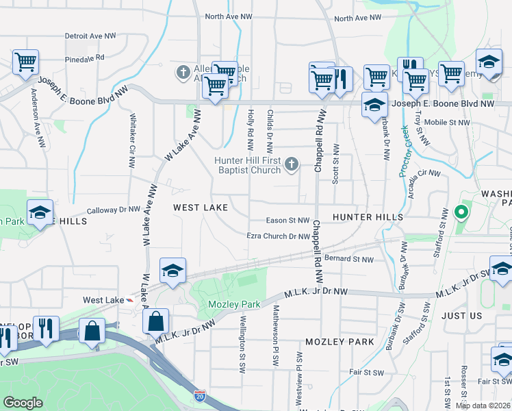 map of restaurants, bars, coffee shops, grocery stores, and more near 86 Holly Road Northwest in Atlanta