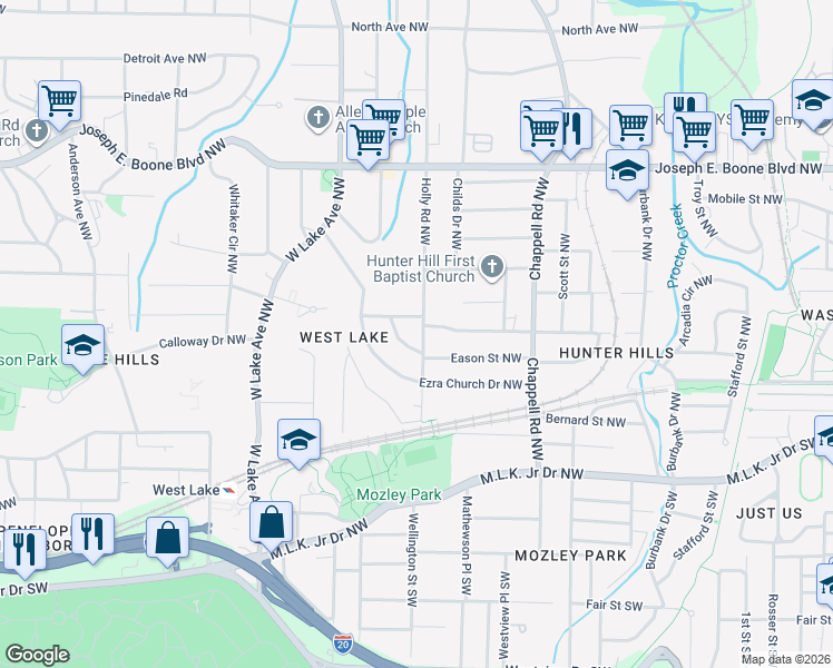 map of restaurants, bars, coffee shops, grocery stores, and more near 86 Holly Road Northwest in Atlanta