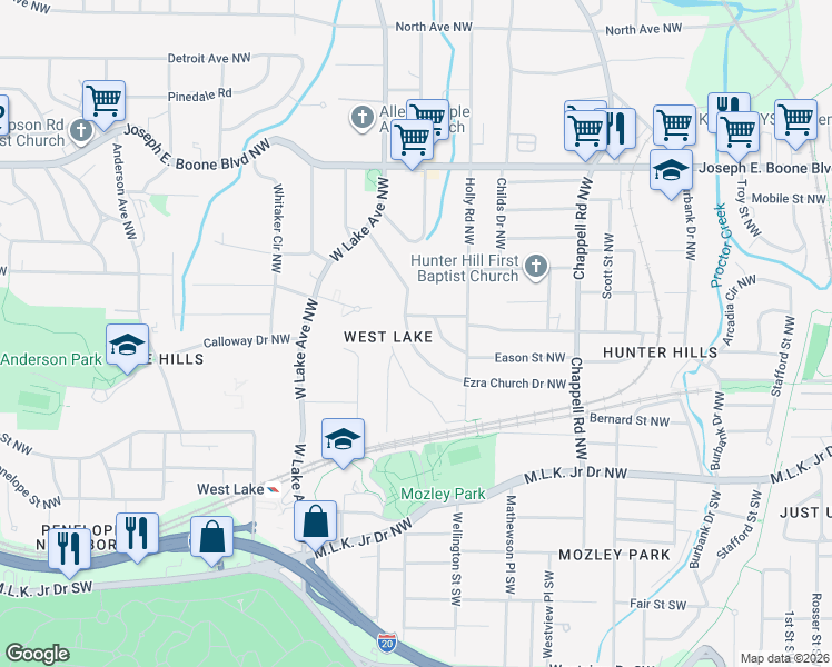 map of restaurants, bars, coffee shops, grocery stores, and more near 1591 Ezra Church Drive Northwest in Atlanta