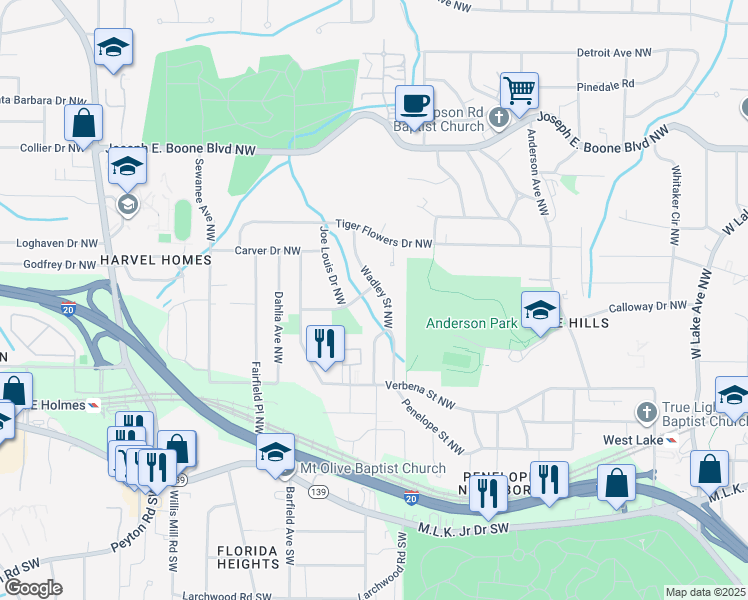 map of restaurants, bars, coffee shops, grocery stores, and more near 196 Wadley Street Northwest in Atlanta