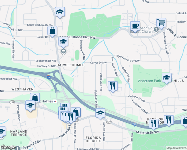 map of restaurants, bars, coffee shops, grocery stores, and more near 132 Fairfield Place Northwest in Atlanta