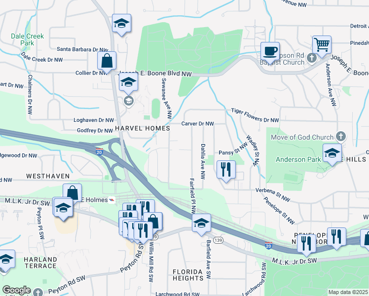 map of restaurants, bars, coffee shops, grocery stores, and more near 150 Fairfield Place Northwest in Atlanta