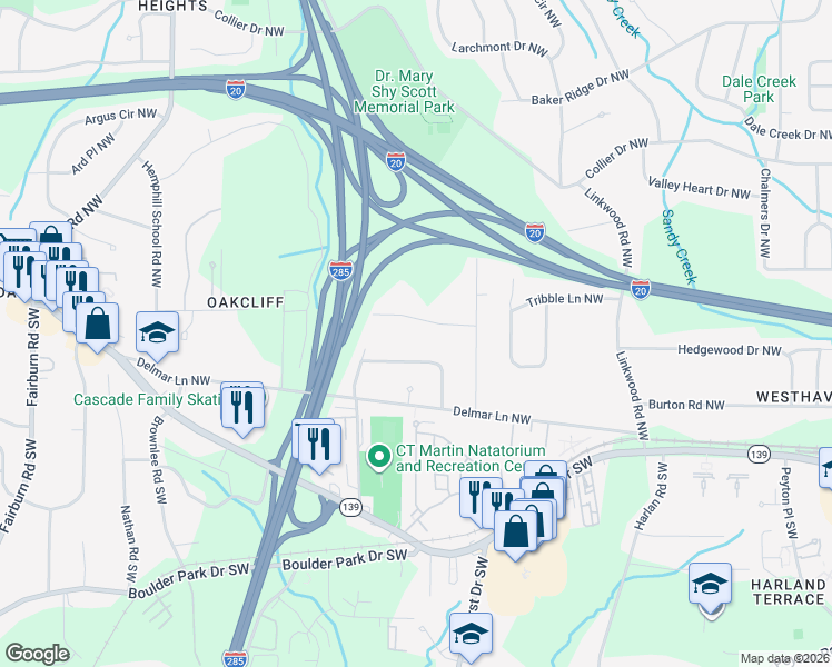 map of restaurants, bars, coffee shops, grocery stores, and more near 79 Delmoor Drive Northwest in Atlanta