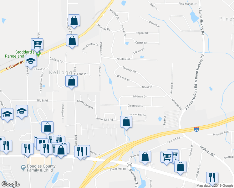 map of restaurants, bars, coffee shops, grocery stores, and more near 4316 Midway Drive in Douglasville