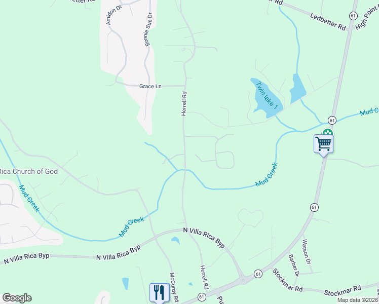 map of restaurants, bars, coffee shops, grocery stores, and more near 428 Flowery Branch Court in Villa Rica