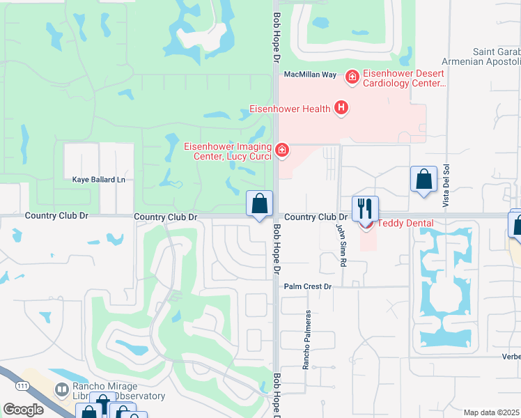 map of restaurants, bars, coffee shops, grocery stores, and more near 53 Colgate Drive in Rancho Mirage