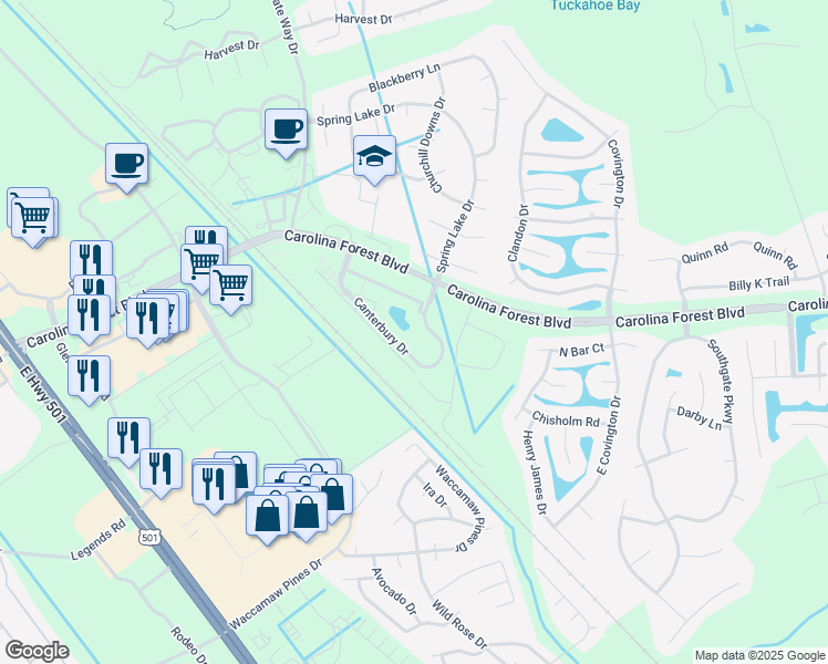 map of restaurants, bars, coffee shops, grocery stores, and more near 663 Canterbury Drive in Myrtle Beach