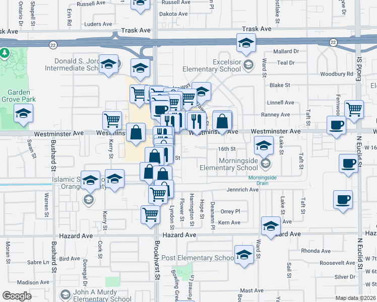 map of restaurants, bars, coffee shops, grocery stores, and more near 14151 Flower Street in Garden Grove