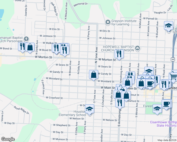 map of restaurants, bars, coffee shops, grocery stores, and more near 1130 West Gandy Street in Denison