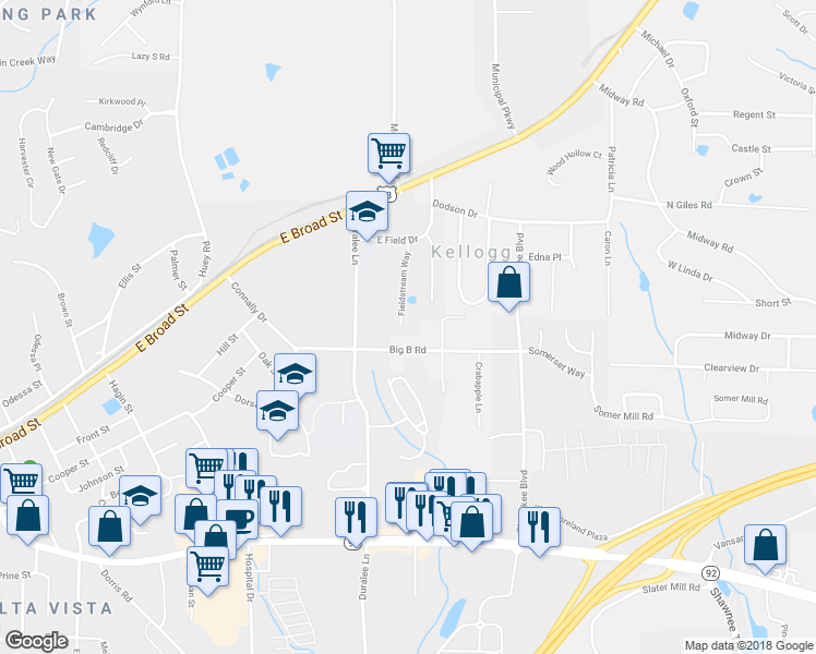 map of restaurants, bars, coffee shops, grocery stores, and more near 8108 Fieldstream Way in Douglasville