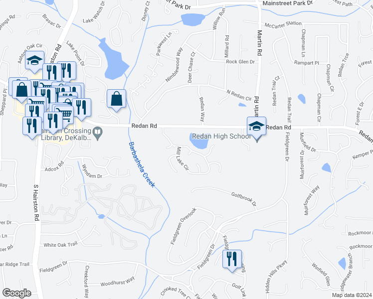 map of restaurants, bars, coffee shops, grocery stores, and more near 1237 Mill Lake Circle in Stone Mountain