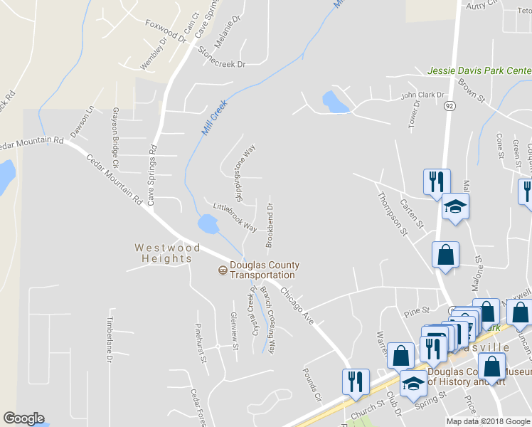 map of restaurants, bars, coffee shops, grocery stores, and more near 8135 Brookbend Drive in Douglasville