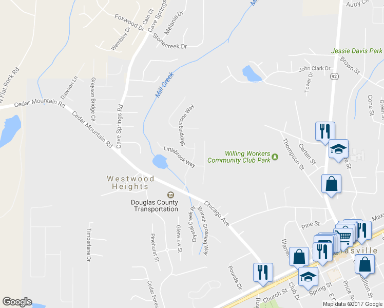 map of restaurants, bars, coffee shops, grocery stores, and more near 8131 Willowbank Way in Douglasville