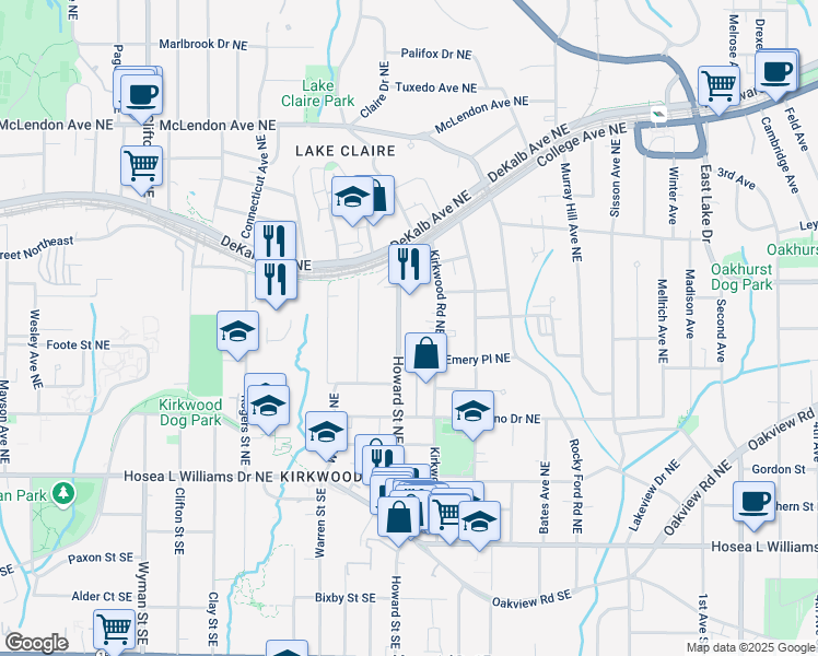 map of restaurants, bars, coffee shops, grocery stores, and more near 199 Howard Street Northeast in Atlanta