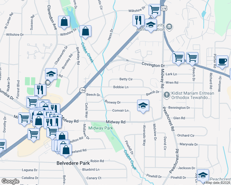 map of restaurants, bars, coffee shops, grocery stores, and more near 3218 Bonway Drive in Decatur