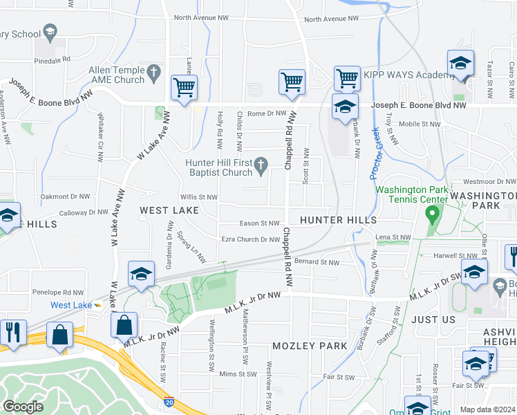 map of restaurants, bars, coffee shops, grocery stores, and more near 1446 Akridge Street Northwest in Atlanta