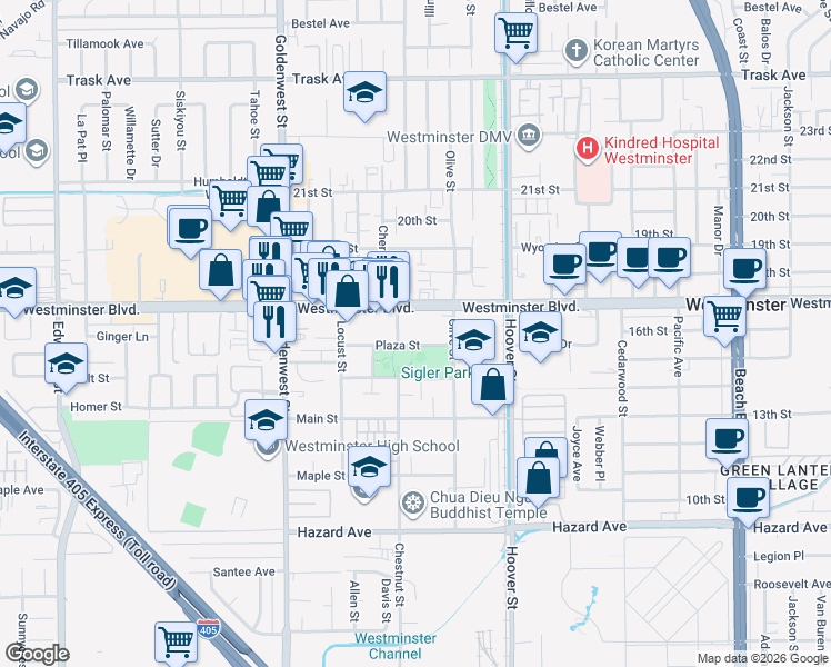 map of restaurants, bars, coffee shops, grocery stores, and more near 7271 Plaza Street in Westminster