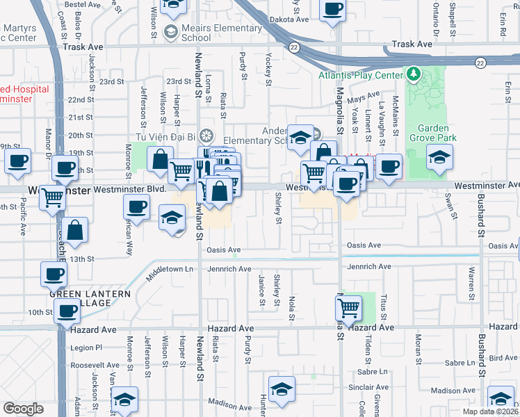 map of restaurants, bars, coffee shops, grocery stores, and more near 14068 Tiffany Drive in Westminster