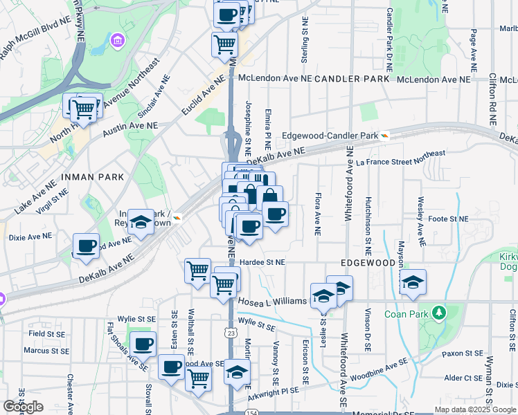 map of restaurants, bars, coffee shops, grocery stores, and more near 1235 Caroline Street Northeast in Atlanta