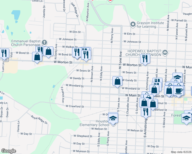 map of restaurants, bars, coffee shops, grocery stores, and more near 1328 West Gandy Street in Denison