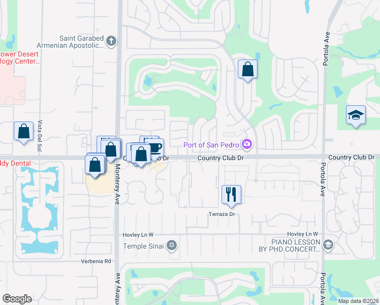 map of restaurants, bars, coffee shops, grocery stores, and more near 6381 Via Stasera in Palm Desert