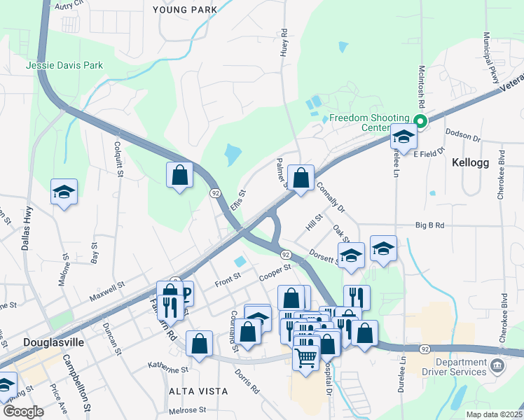 map of restaurants, bars, coffee shops, grocery stores, and more near 6197 East Strickland Street in Douglasville