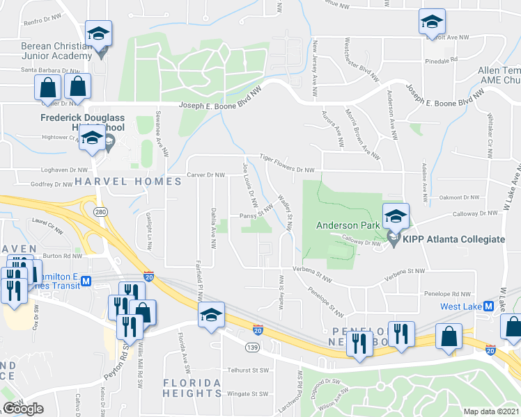 map of restaurants, bars, coffee shops, grocery stores, and more near 2183 Pansy Street Northwest in Atlanta
