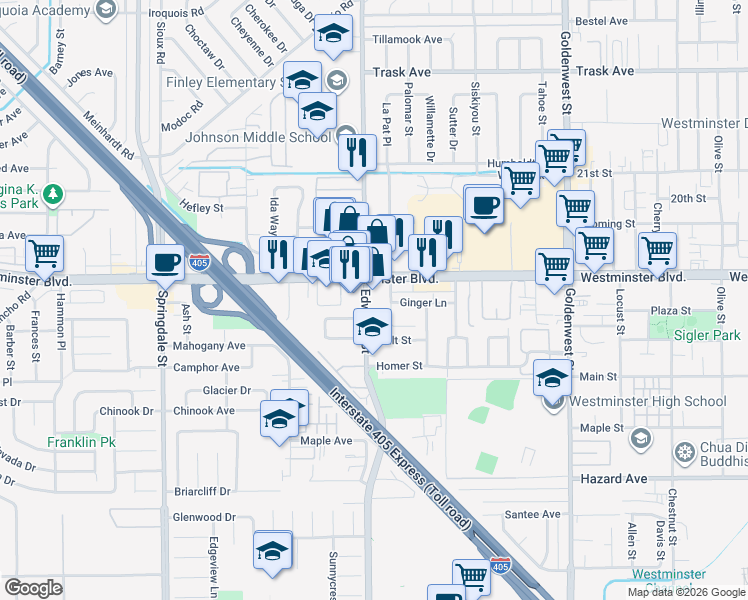 map of restaurants, bars, coffee shops, grocery stores, and more near 14082 Edwards Street in Westminster