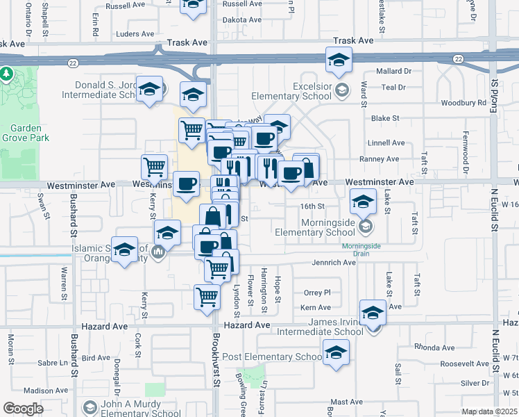 map of restaurants, bars, coffee shops, grocery stores, and more near 14090 Flower Street in Garden Grove