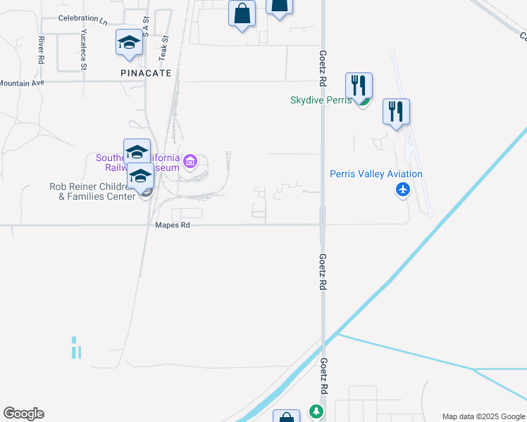 map of restaurants, bars, coffee shops, grocery stores, and more near 190 Mapes Road in Perris