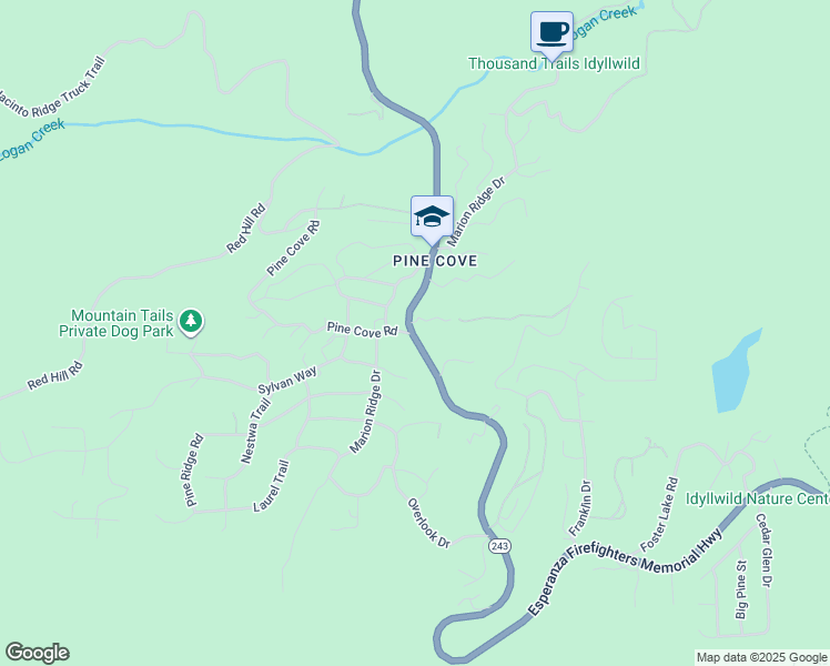 map of restaurants, bars, coffee shops, grocery stores, and more near 23410 Esperanza Firefighters Memorial Highway in Idyllwild-Pine Cove