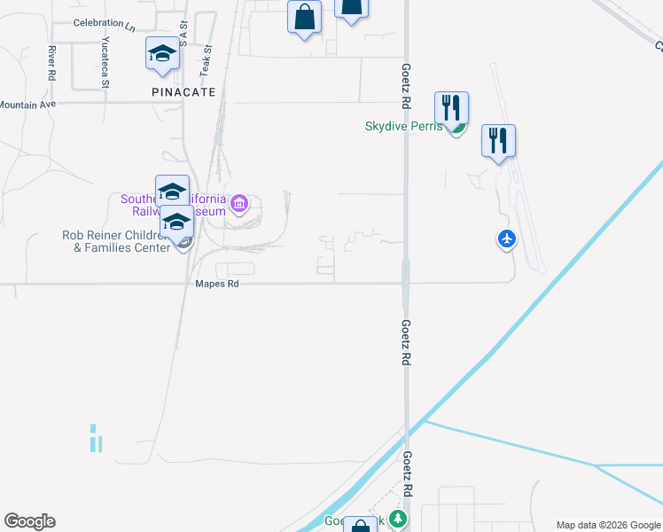 map of restaurants, bars, coffee shops, grocery stores, and more near 170 Mapes Road in Perris