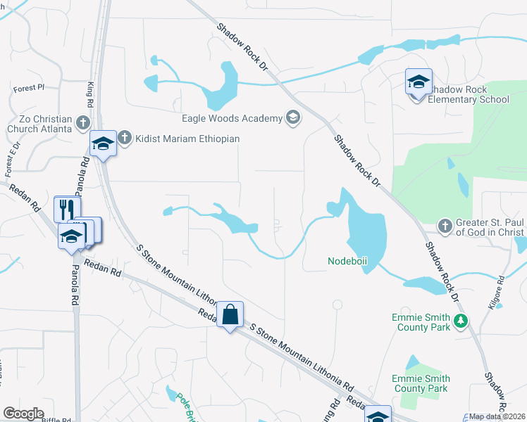 map of restaurants, bars, coffee shops, grocery stores, and more near 1247 Greenridge Avenue in Lithonia