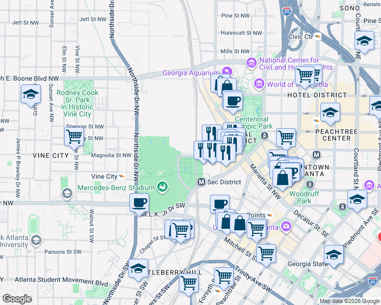 map of restaurants, bars, coffee shops, grocery stores, and more near 285 Andrew Young International Boulevard Northwest in Atlanta